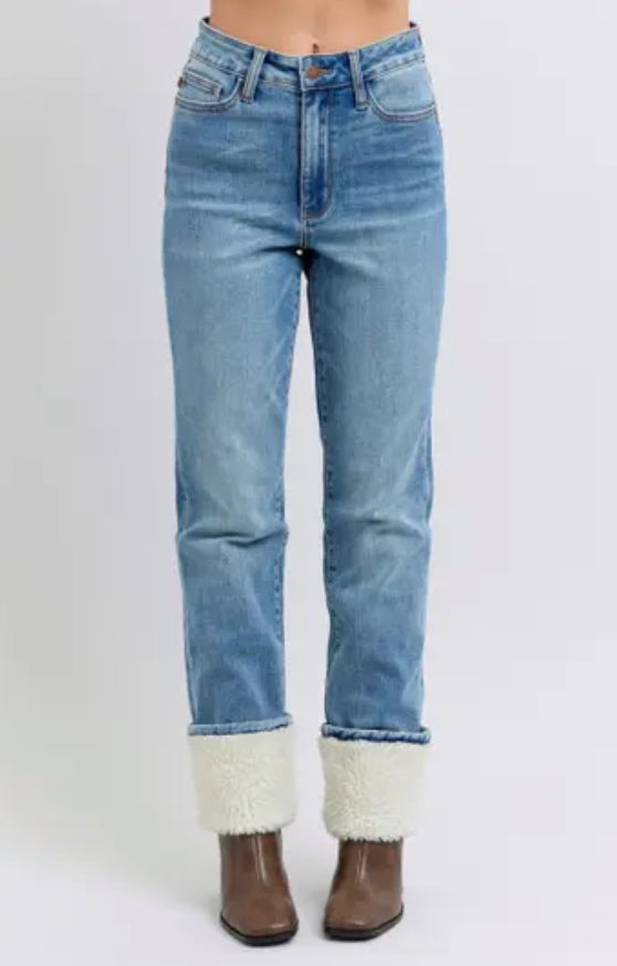 High Waisted Shearling Cuff Straight Jeans