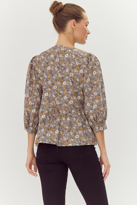 Flower print 3/4 peasant sleeves top