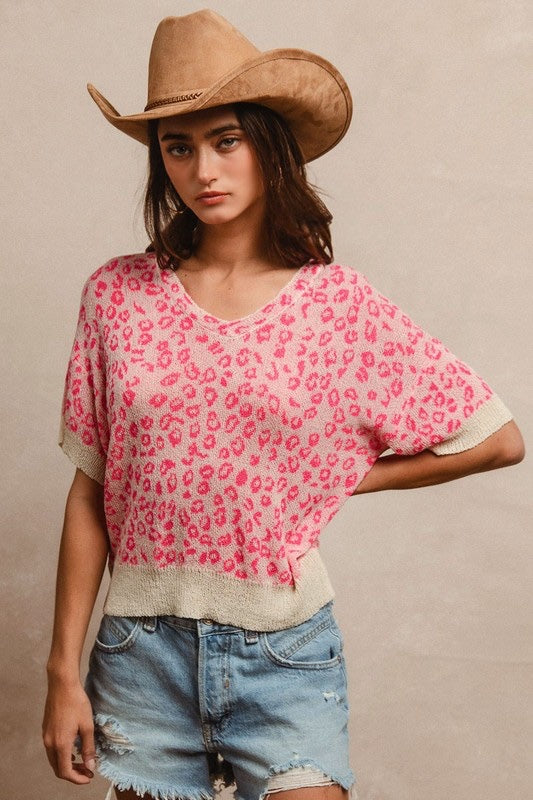 Leopard patterns with contrast edge detail v neck knit top