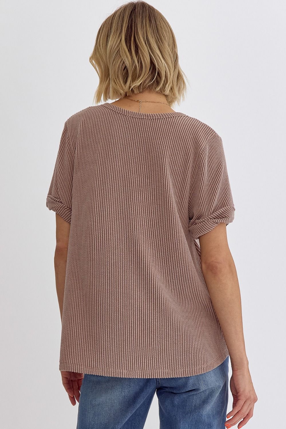 V Neck Short Sleeve Top w/ Rolled Sleeve Hem