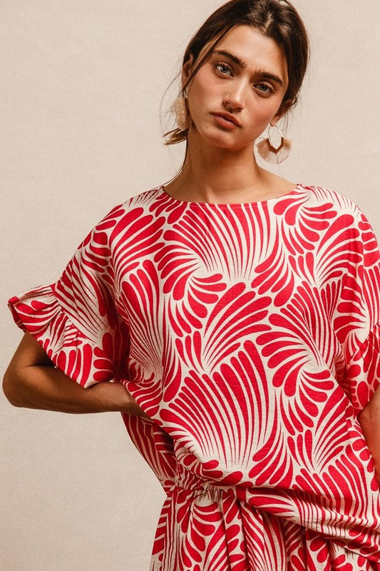 Print Woven Ruffled Sleeve Top