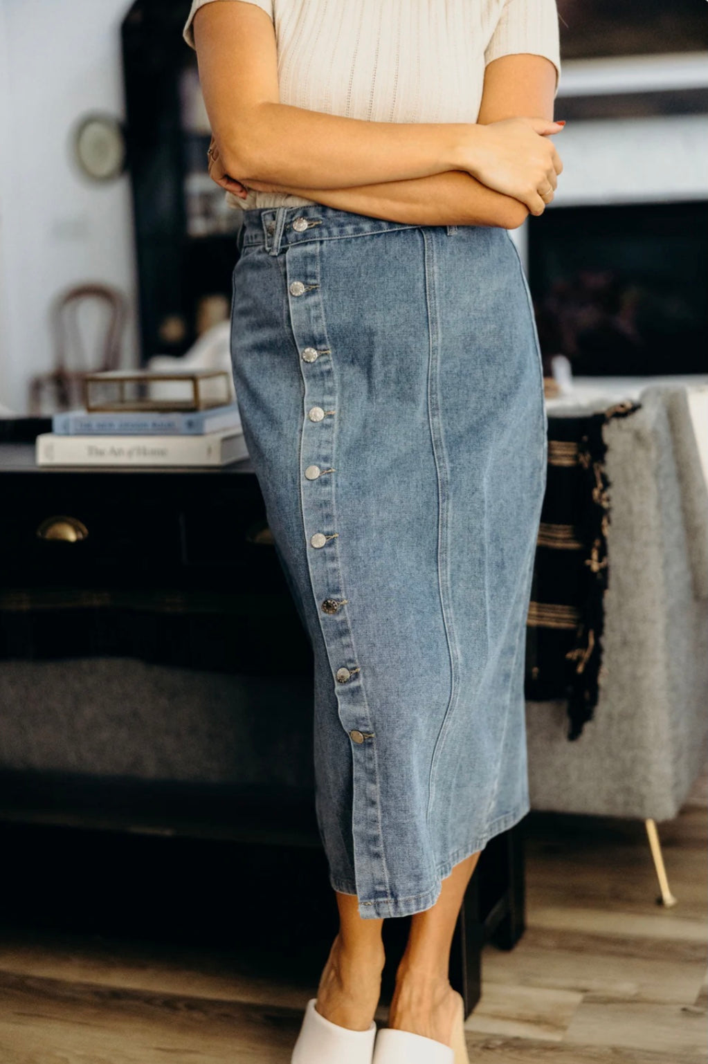 Button front denim skirt in medium wash
