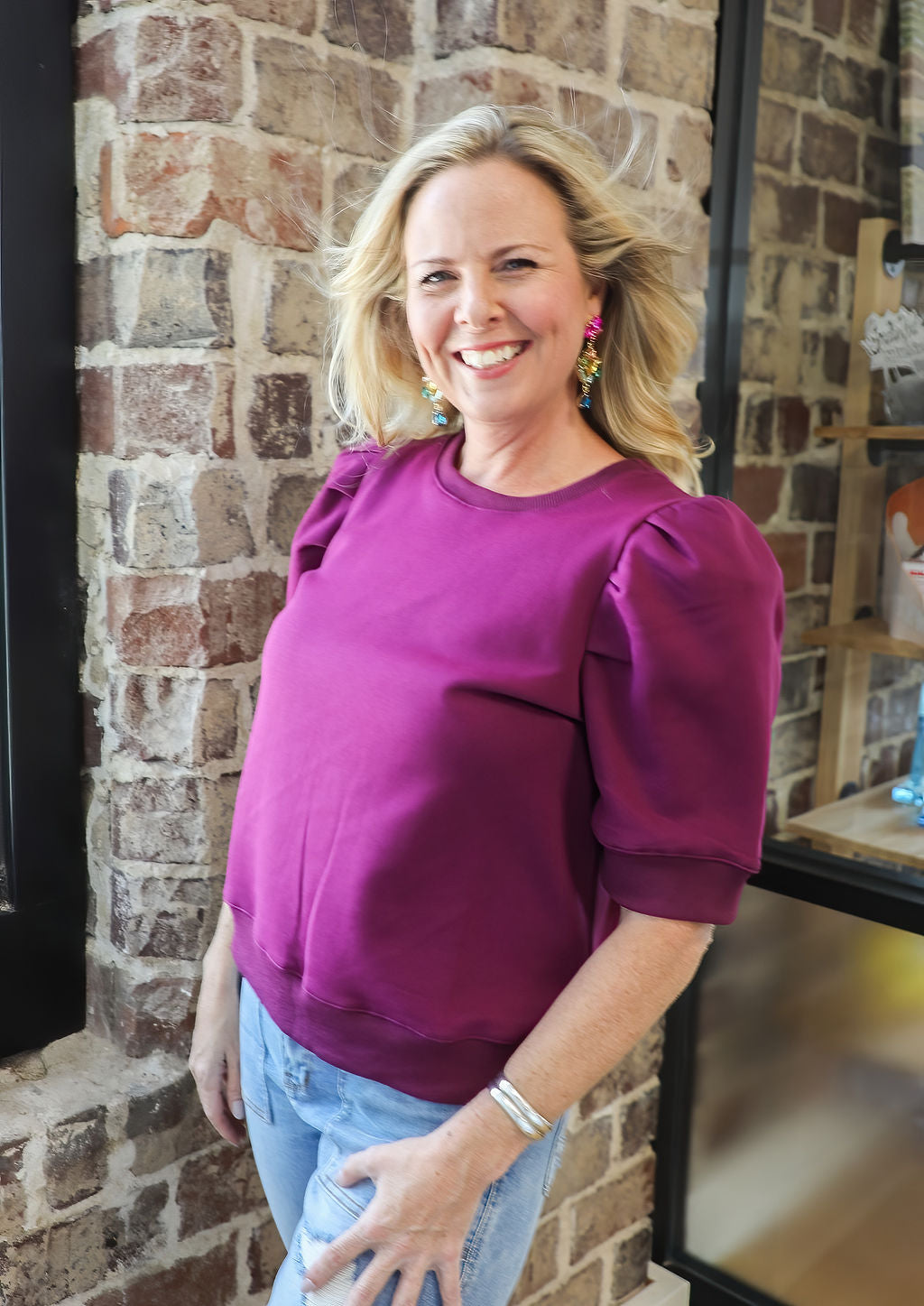 Solid Short Sleeve Round Neck Top w/ Puff Sleeves