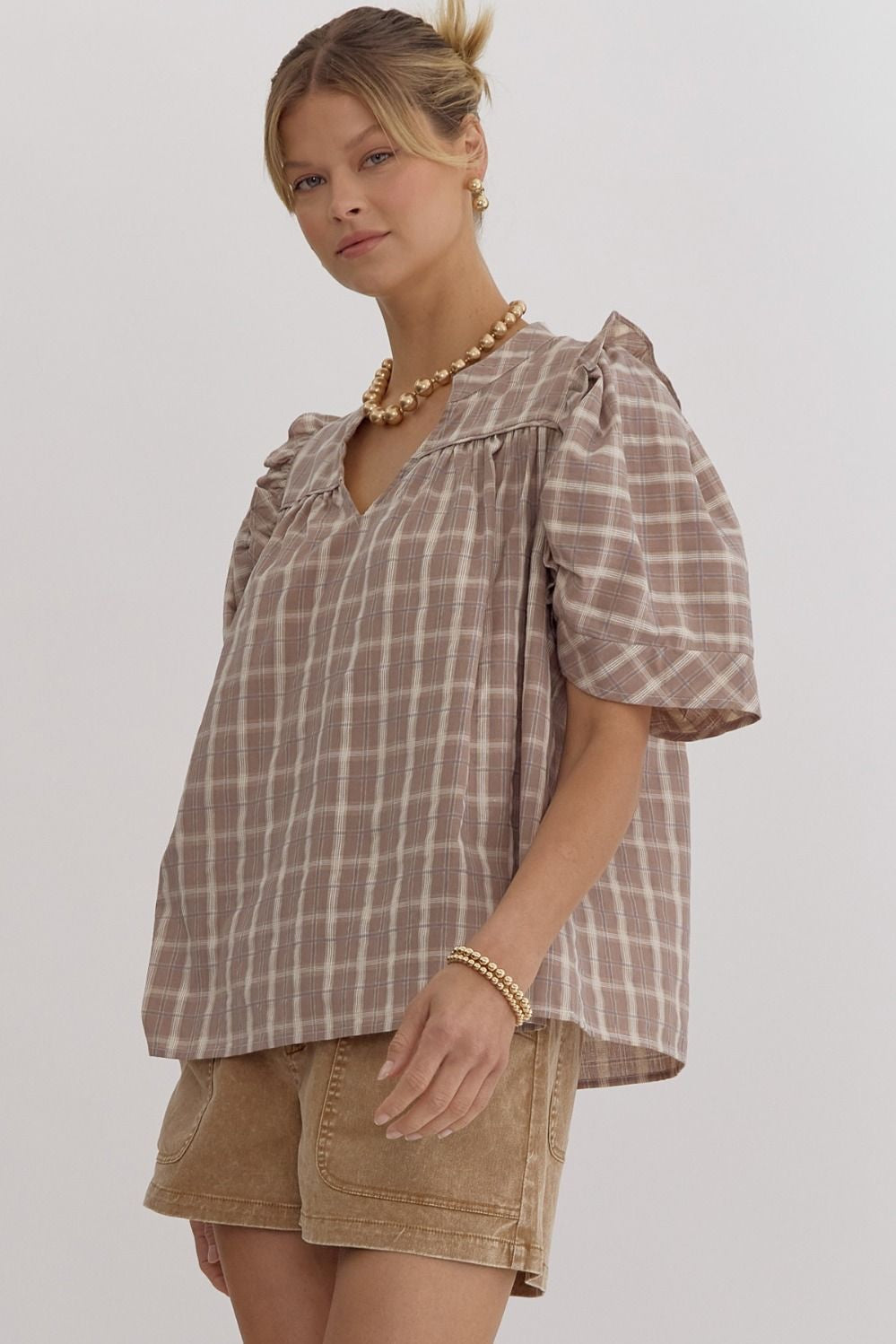 Plaid Print V Neck Puff Sleeve Top w/ Ruffle Trim