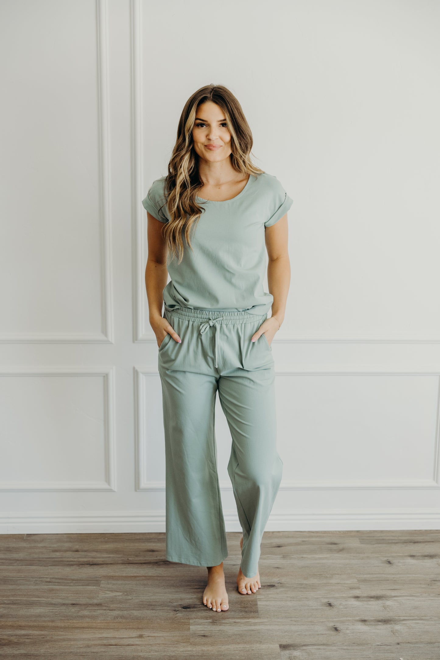 Wide leg lounge pants in milky green
