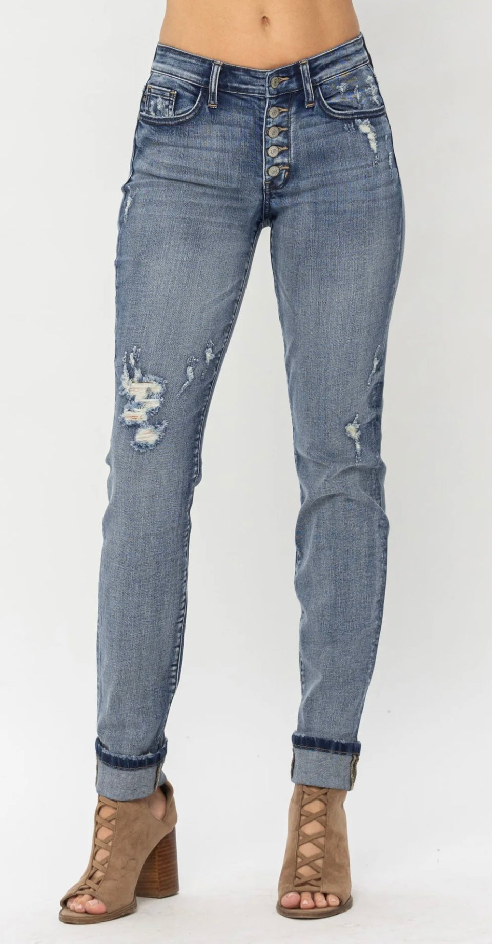 Judy Blue Mid Rise Button Fly Contrast Wash & Cuff Options BF