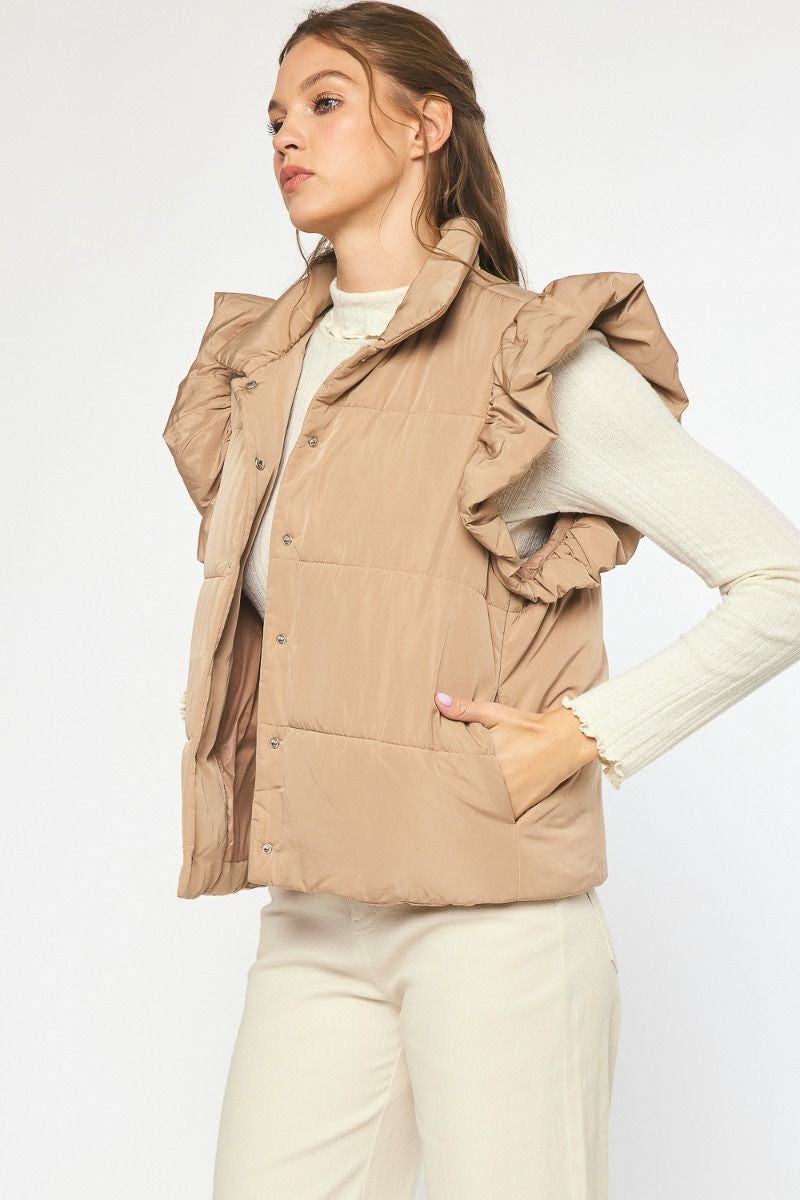Solid Quilted Collared Button Up Vest w/ Quilted Ruffle at Shoulders w/ Pockets