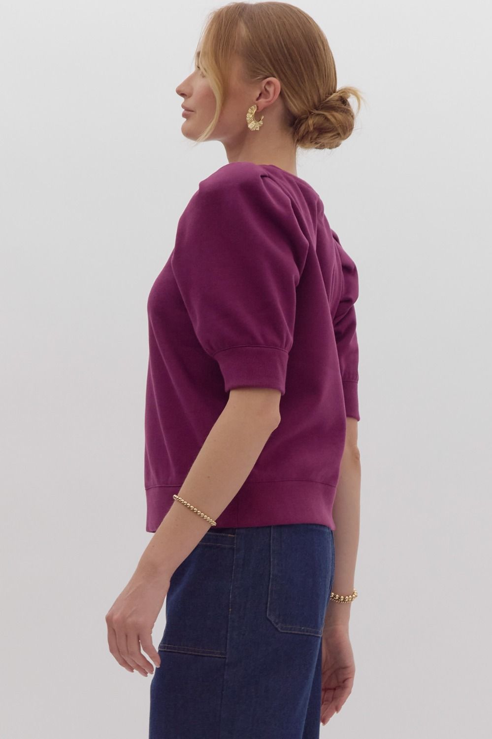 Solid Short Sleeve Round Neck Top w/ Puff Sleeves