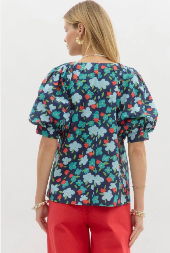 Printed navy short sleeve top