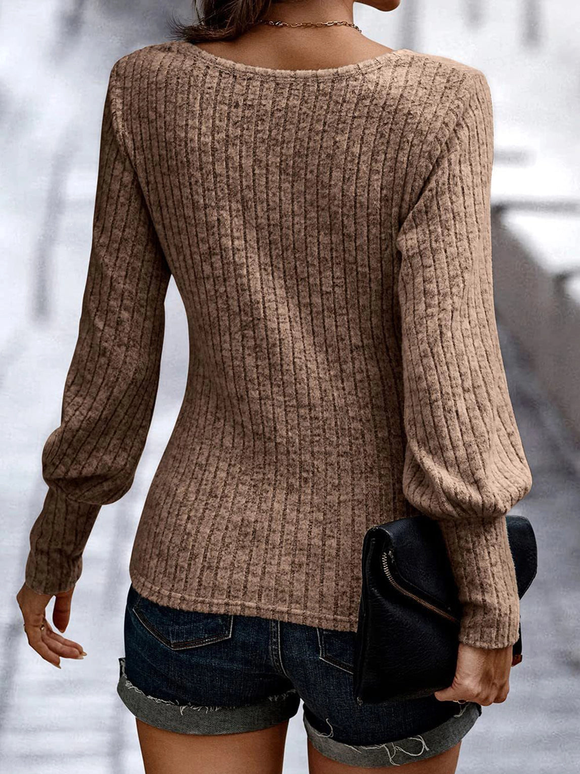 Pit striped brushed round neck slim fit lantern sleeve top