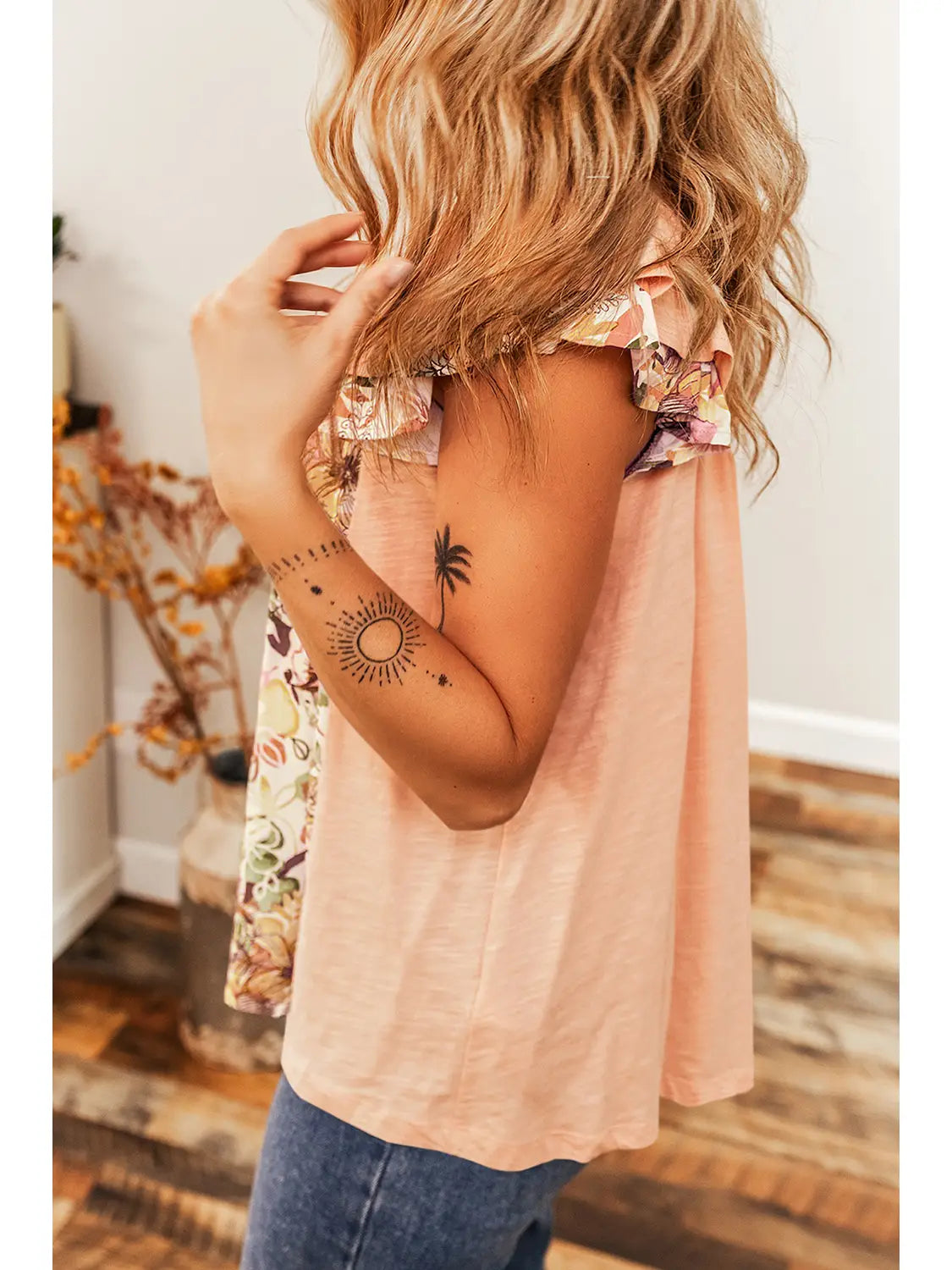 Floral Patchwork Square Neck Ruffle Sleeve Blouse