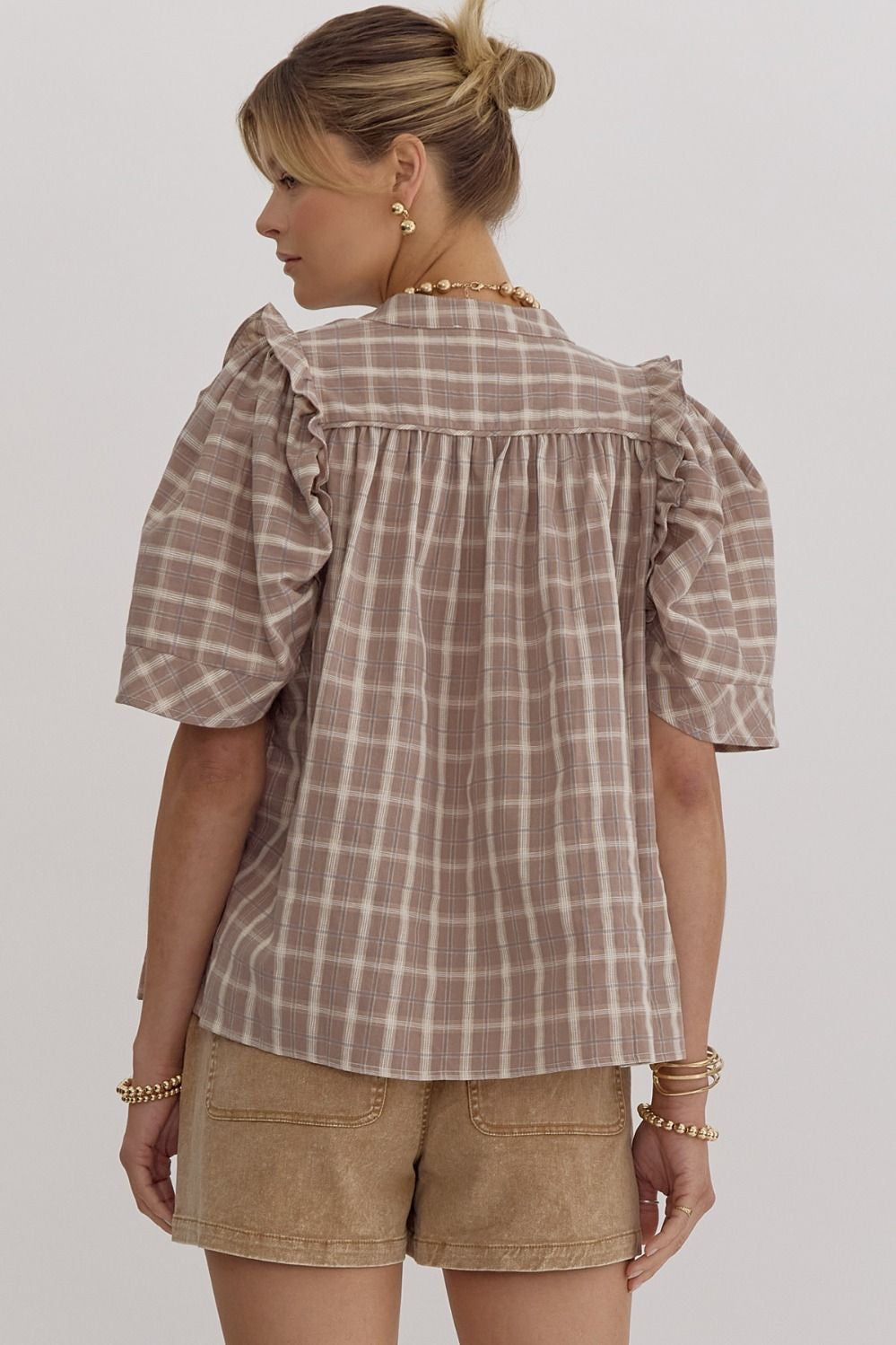 Plaid Print V Neck Puff Sleeve Top w/ Ruffle Trim