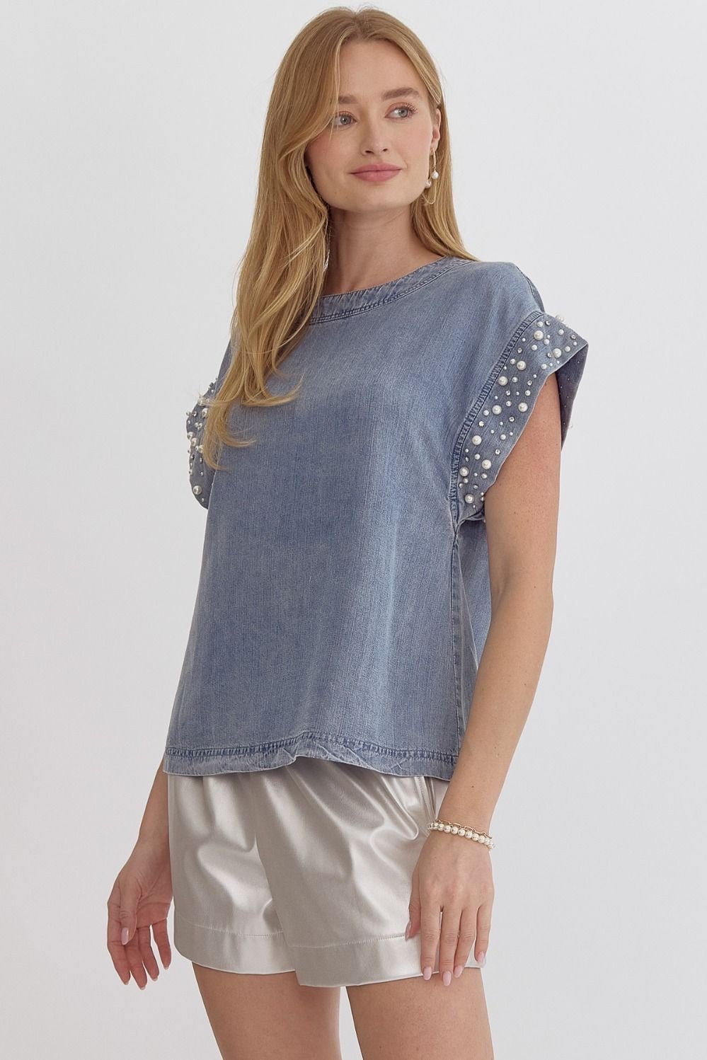 Denim Round Neck Short Sleeve Top w/ Pearl Detail at Cuff
