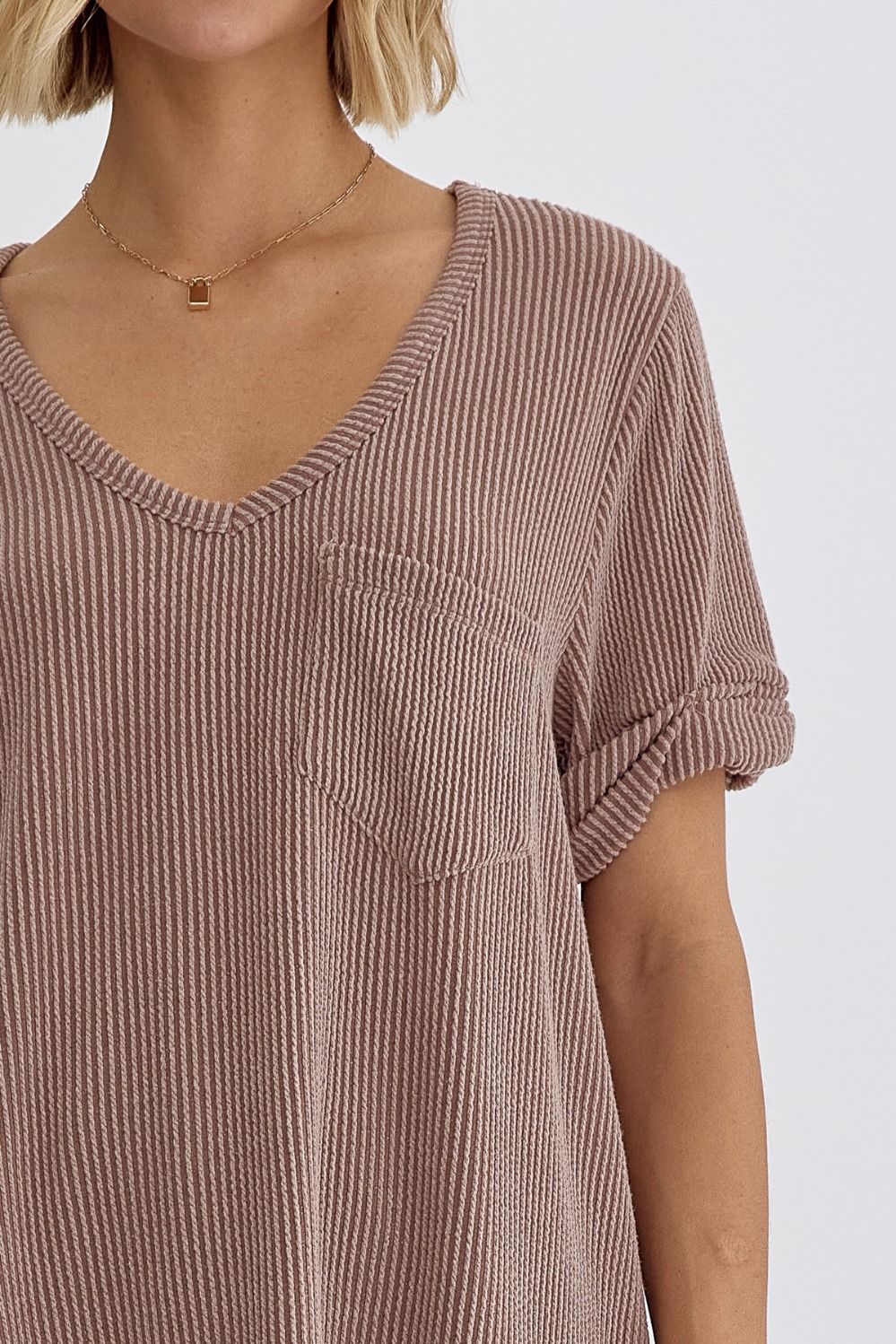 V Neck Short Sleeve Top w/ Rolled Sleeve Hem