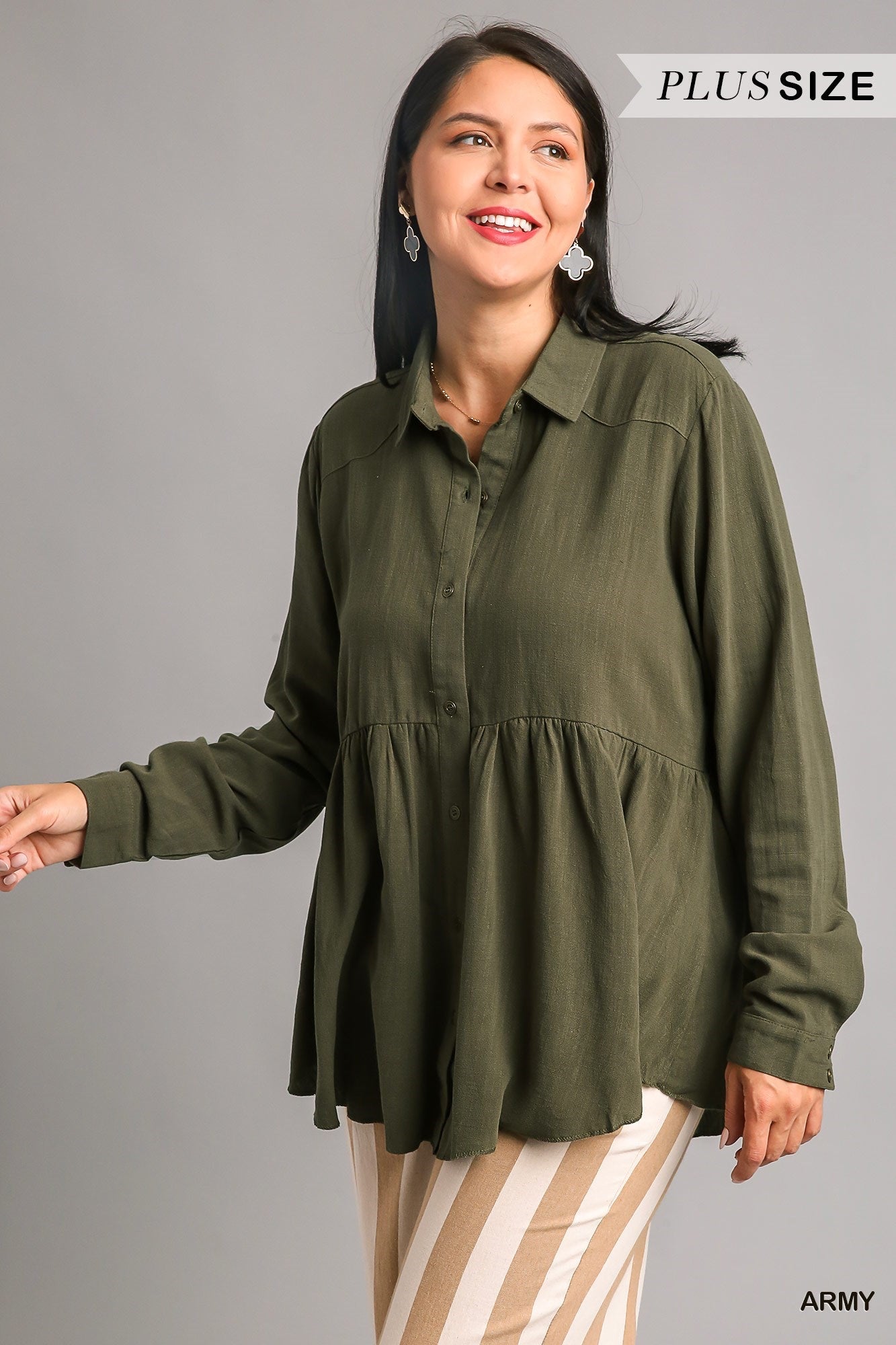 Linen Blend Button Down Collar Babydoll Shirt w/ Ruffle High Low Hem