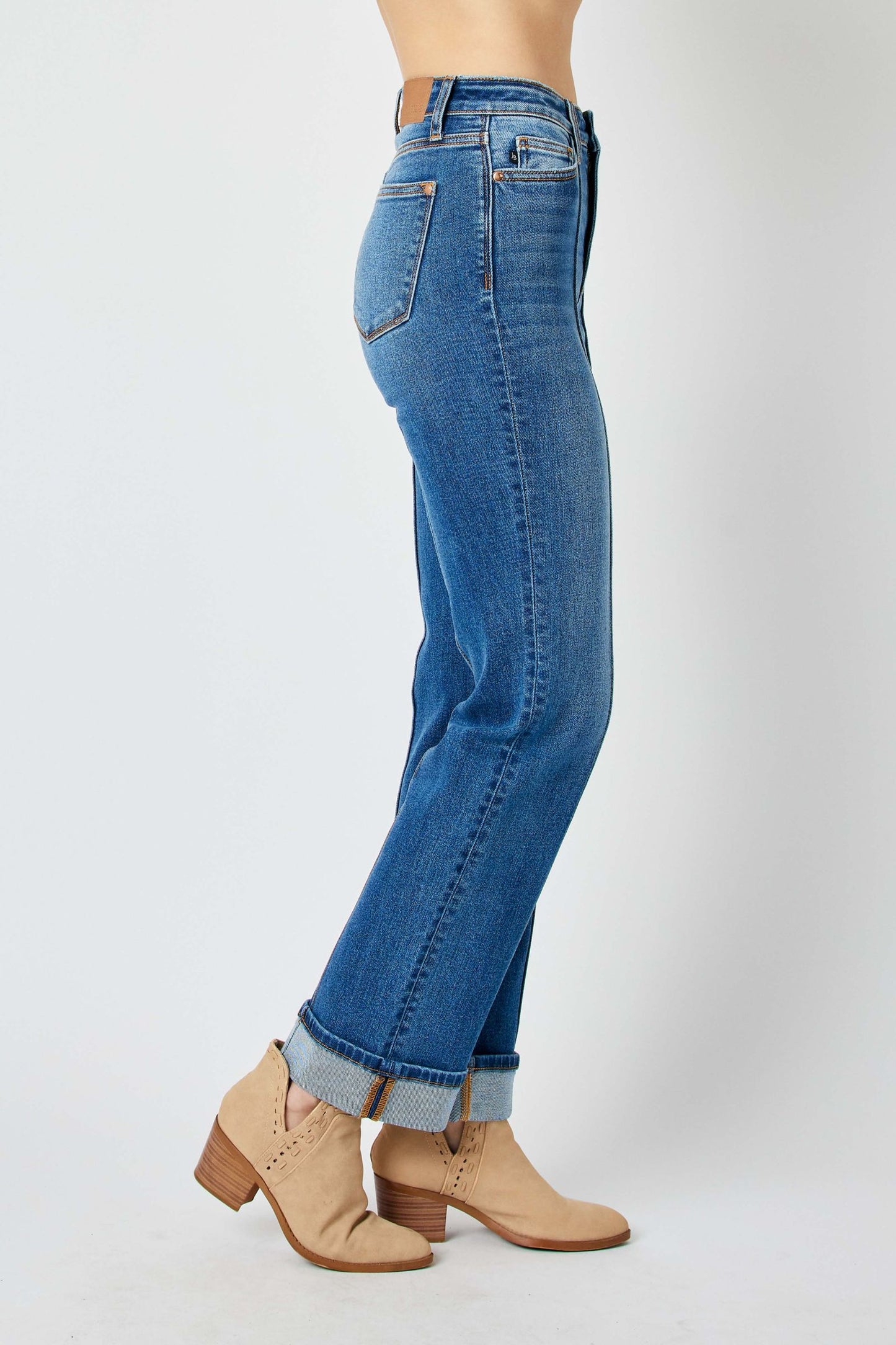 High Waisted Cuffed Jeans w/ Front Seam