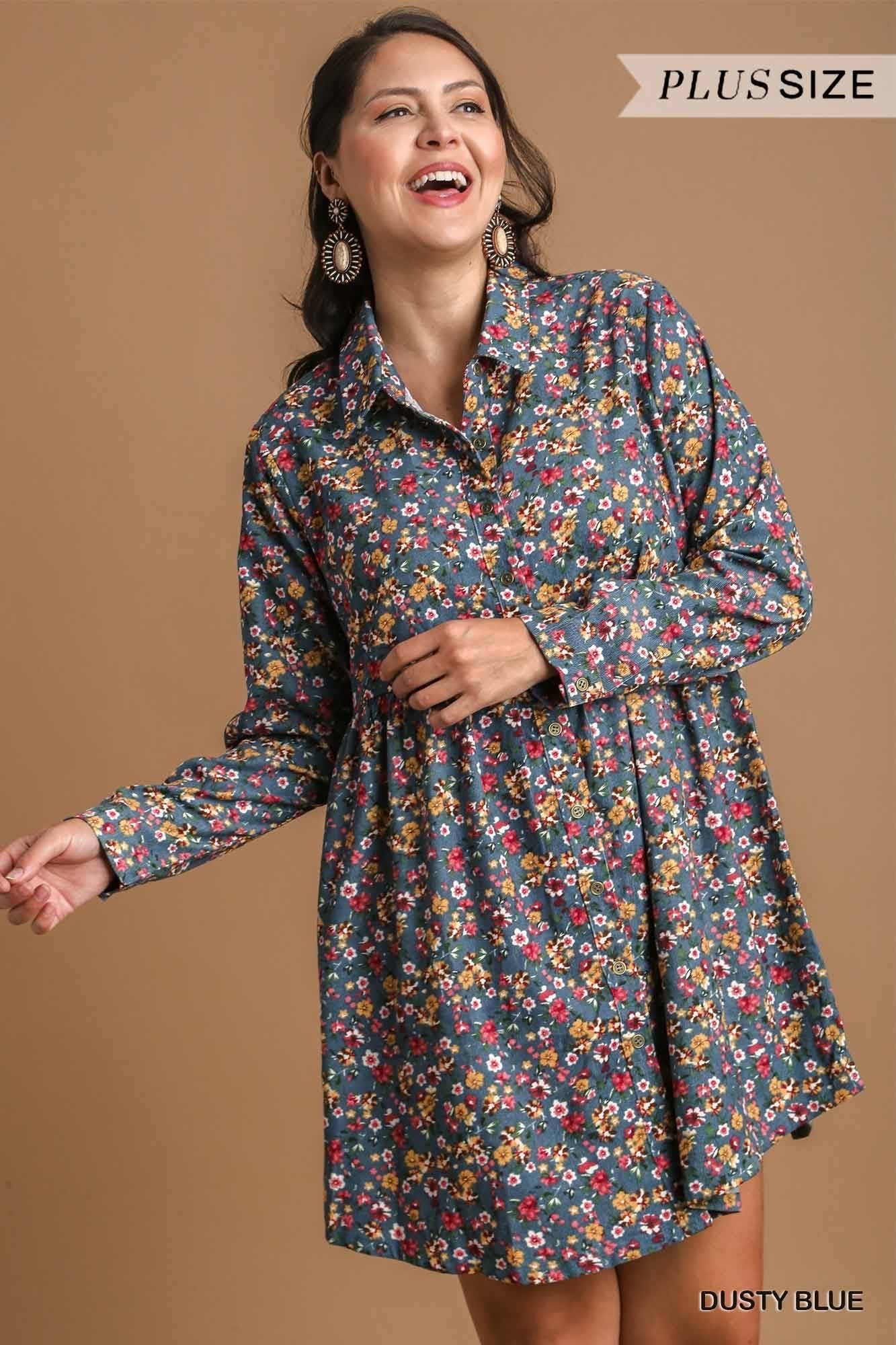 Floral Print Corduroy Collar Dress w/ Long Sleeves