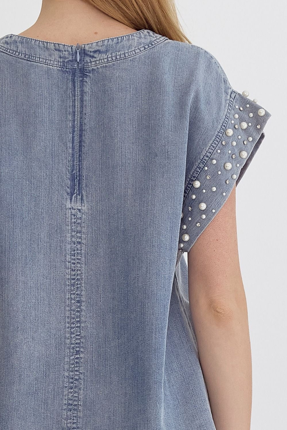 Denim Round Neck Short Sleeve Top w/ Pearl Detail at Cuff