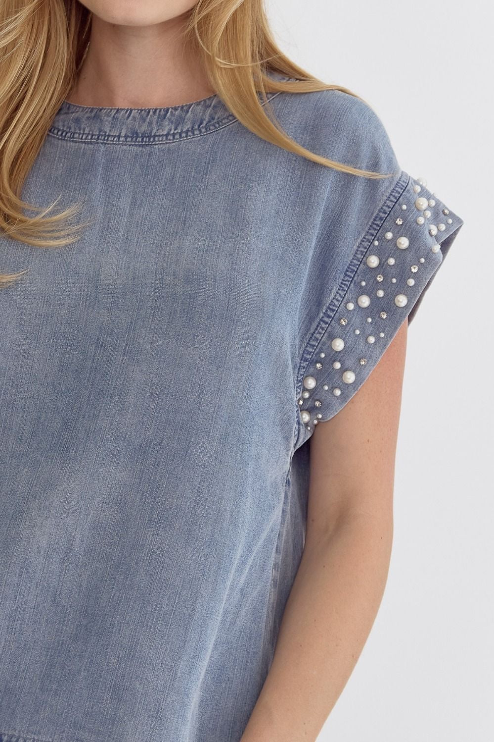 Denim Round Neck Short Sleeve Top w/ Pearl Detail at Cuff