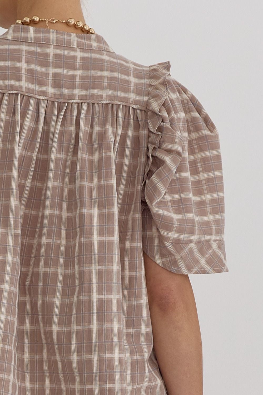Plaid Print V Neck Puff Sleeve Top w/ Ruffle Trim