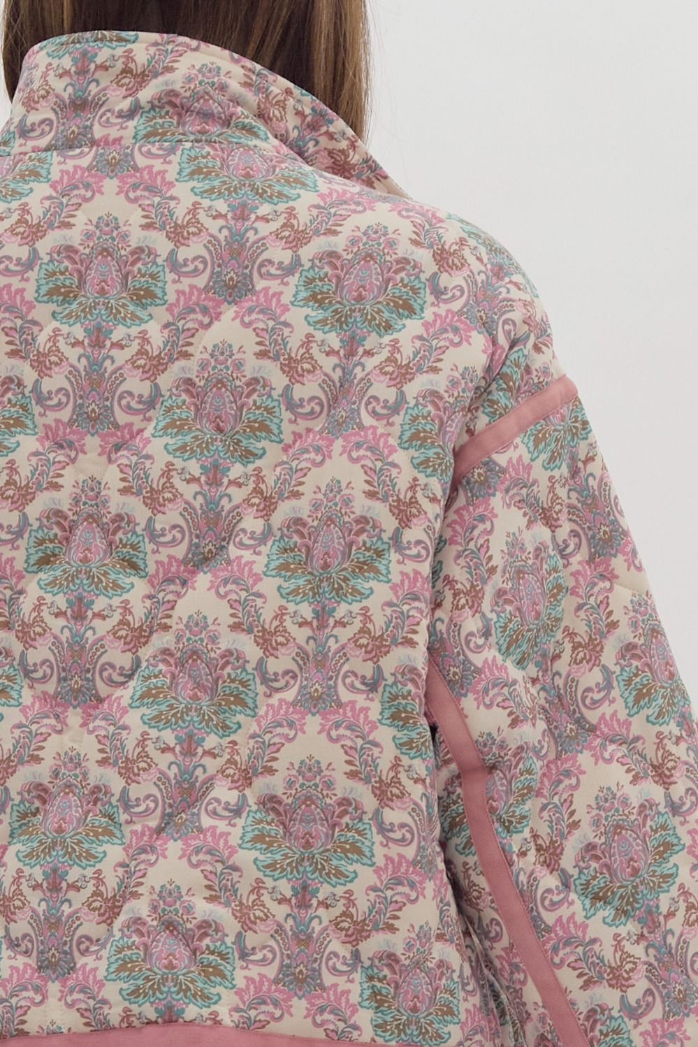 Printed Long Sleeve Snap Button Jacket w/ Side Pockets & Self Tie Detail at Waist