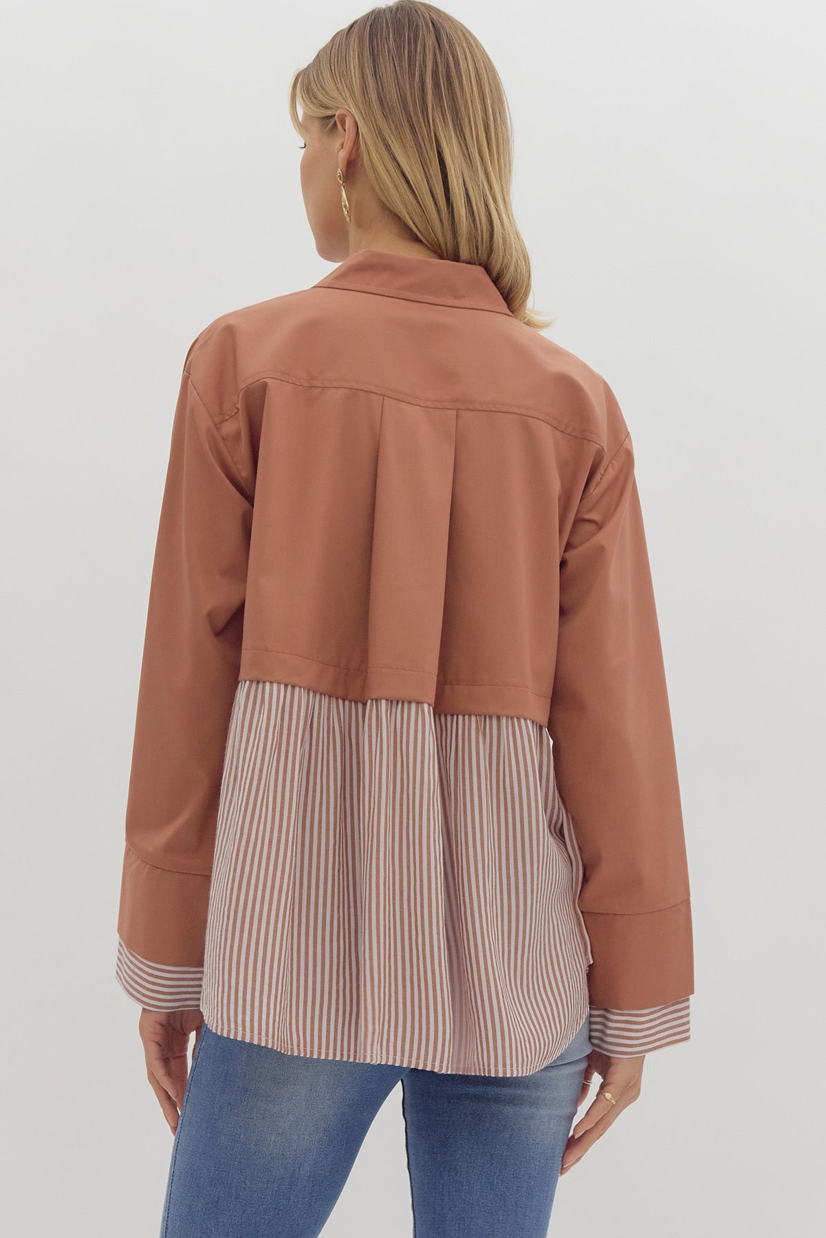 Solid & stripe twofer longsleeve collared top w/ button detail @ bust & cuff