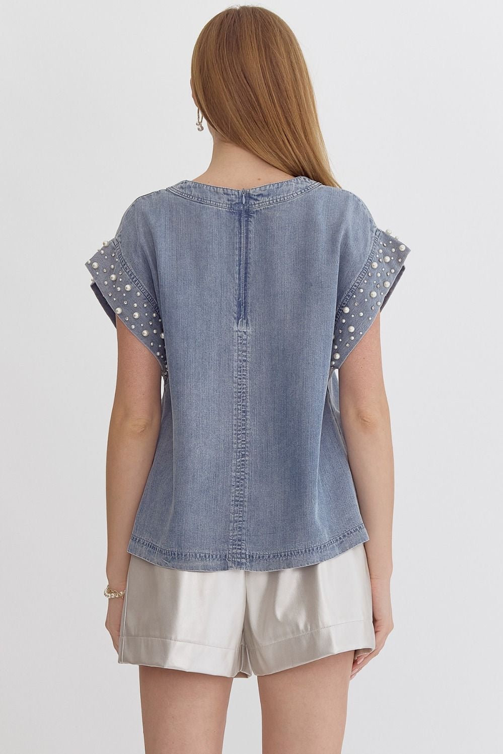 Denim Round Neck Short Sleeve Top w/ Pearl Detail at Cuff