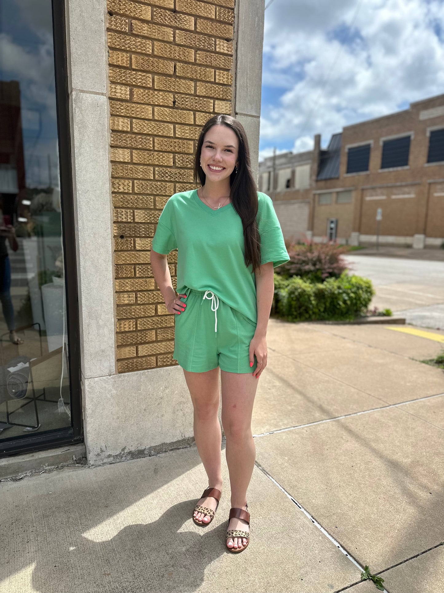 Mint green v-neck drop shoulder tee and patchwork drawstring shorts set