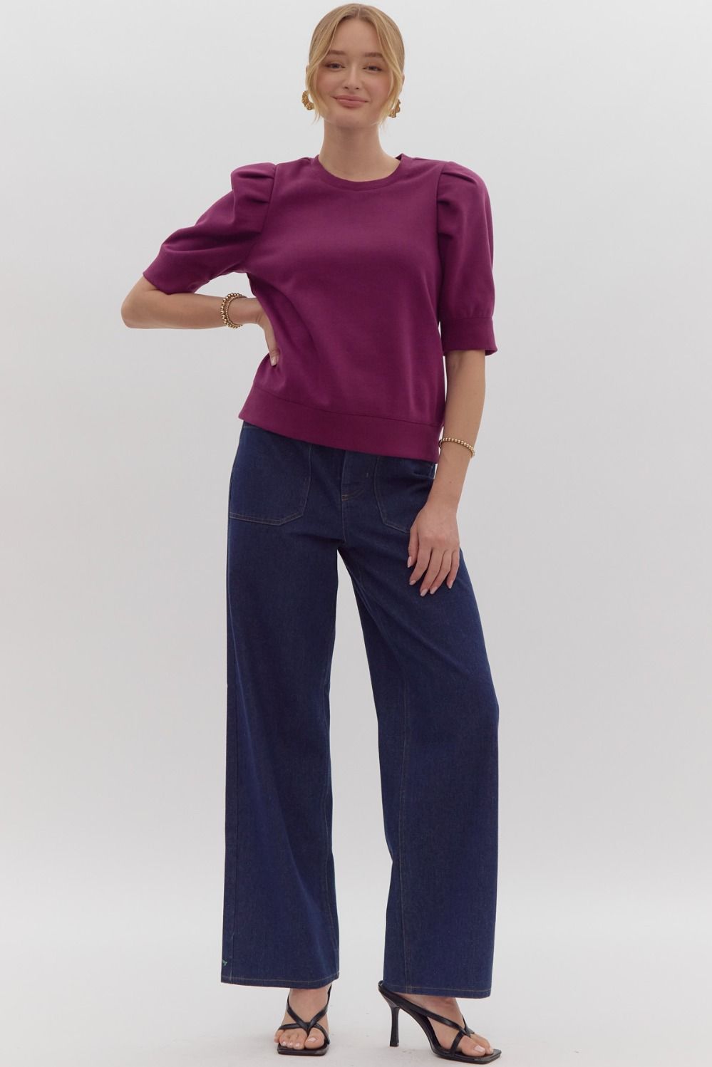 Solid Short Sleeve Round Neck Top w/ Puff Sleeves