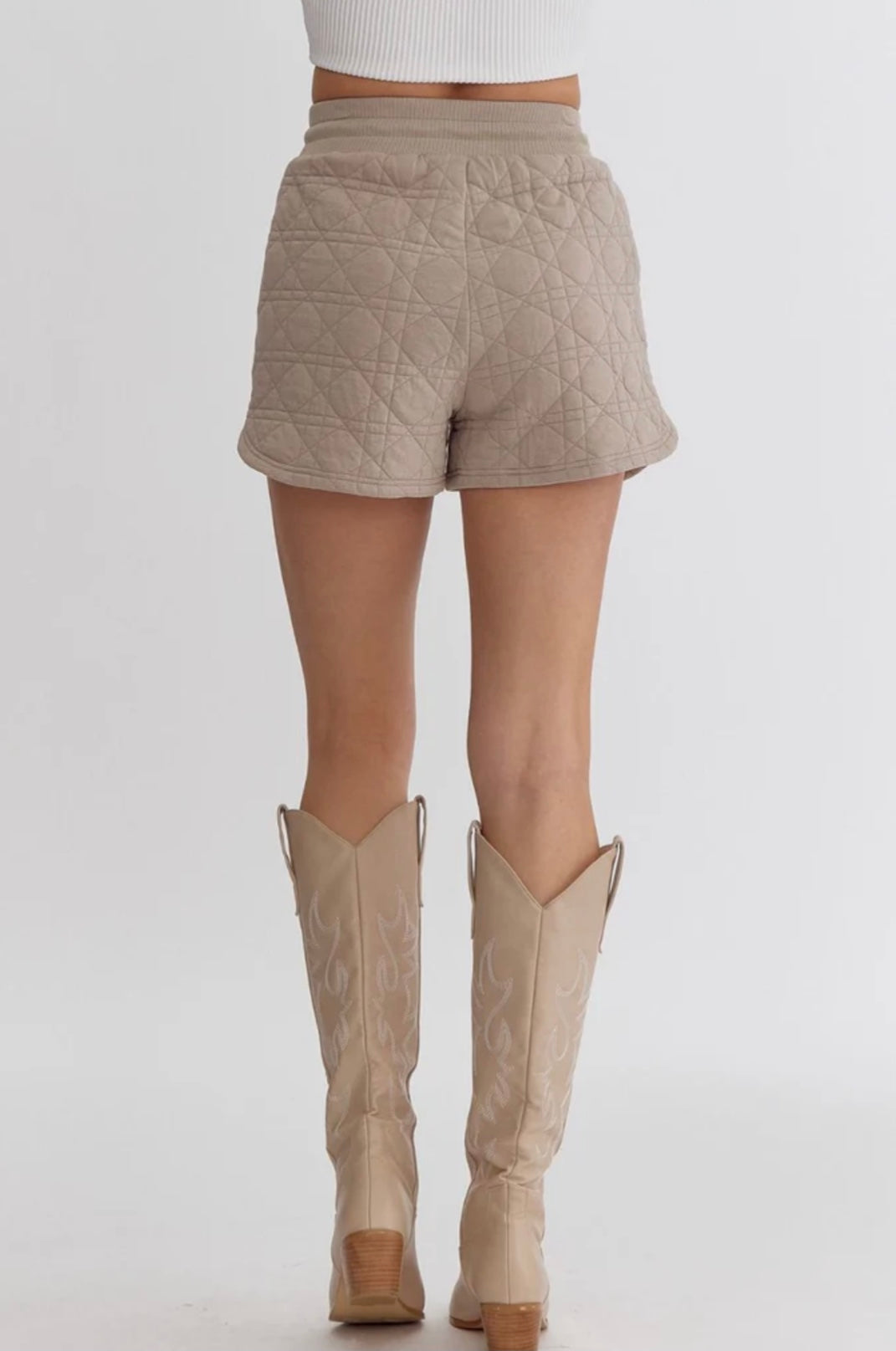 Taupe Textured High Waisted Shorts w/ Elastic Waistband- Self Tie Pockets