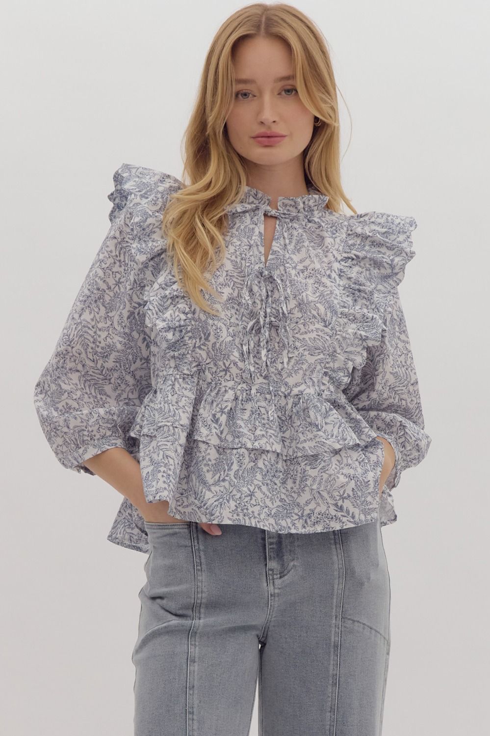 Botanical Print Relaxed Fit Peplum Top w/ Scallop Finished Ruffle Detail