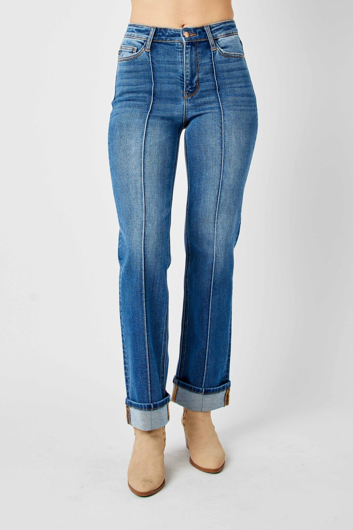 High Waisted Cuffed Jeans w/ Front Seam