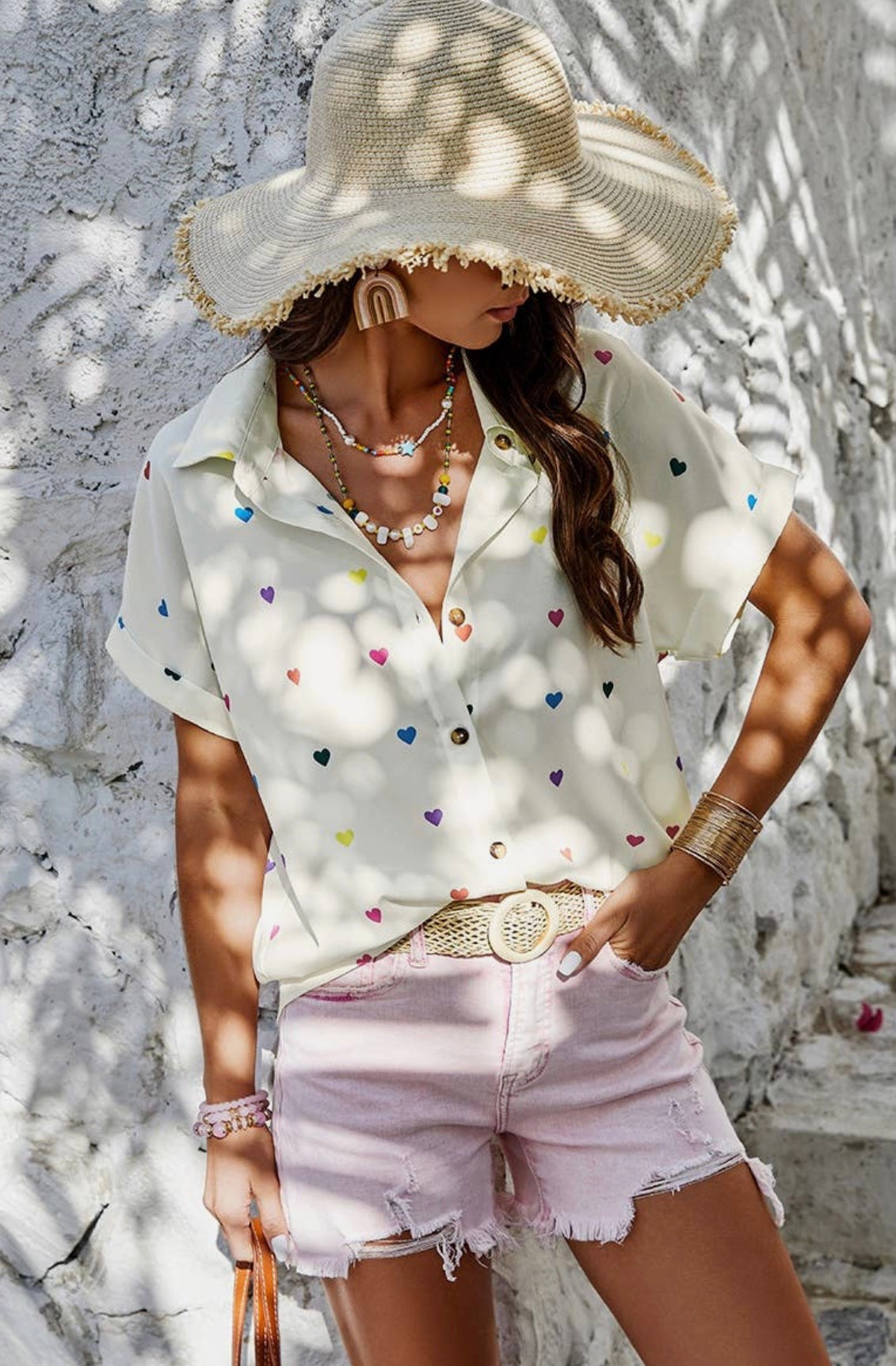 Heart Print Button Up Loose Fit Blouse