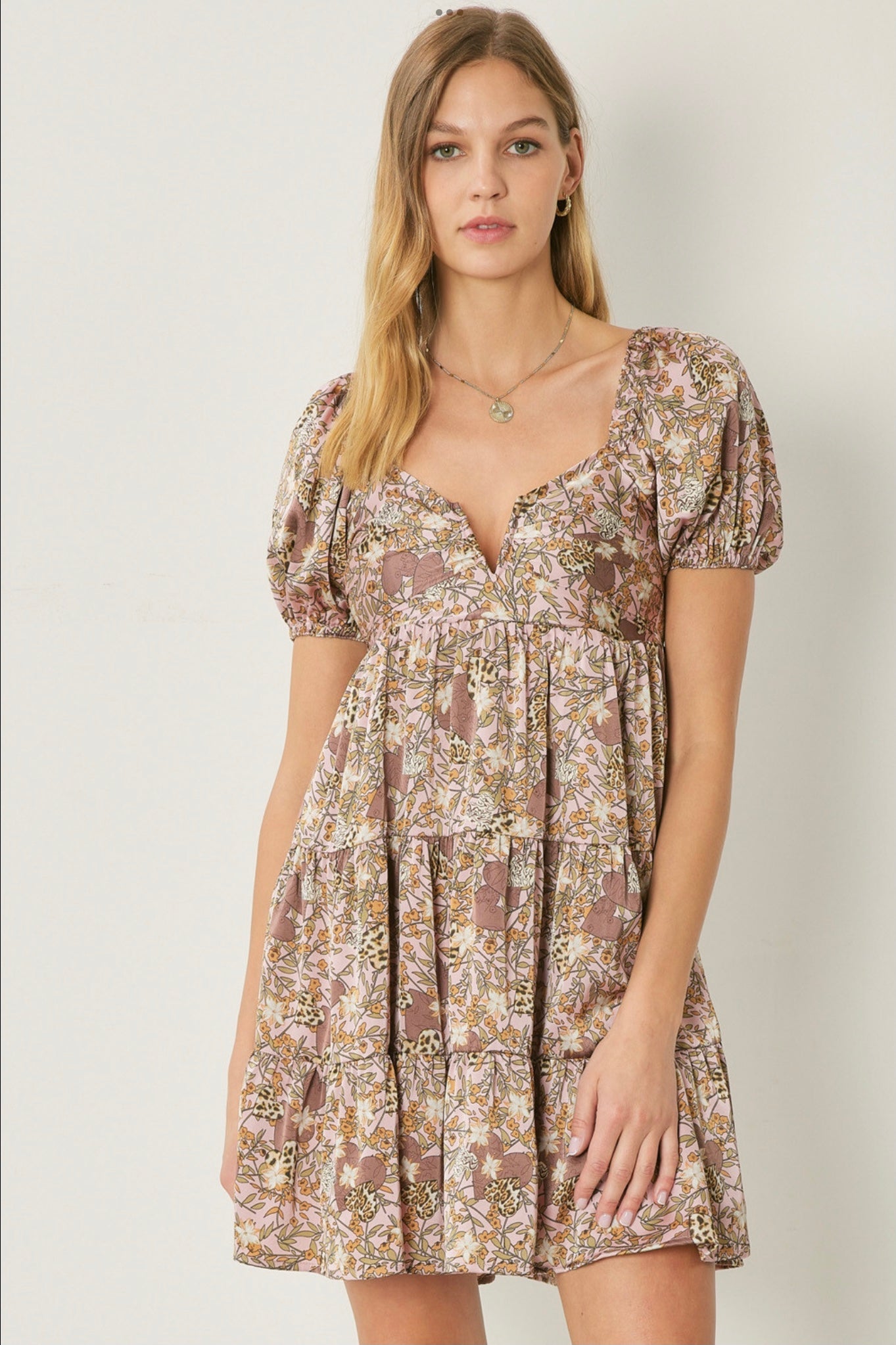 Satin floral print sweetheart neckline puff sleeve dress