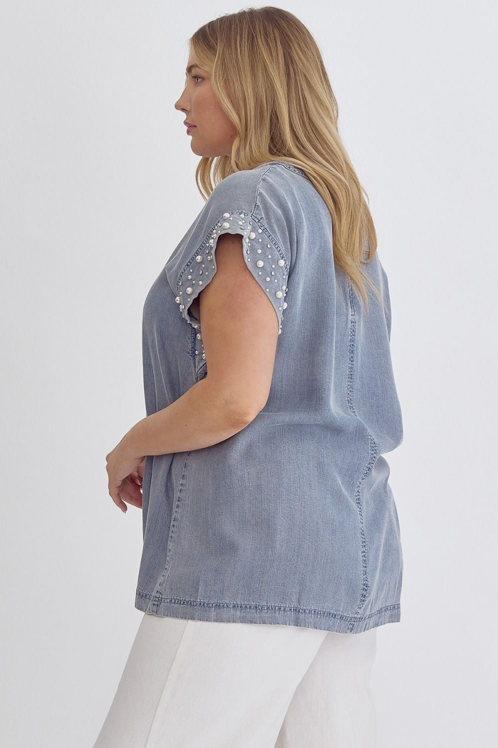 Denim Round Neck Short Sleeve Top w/ Pearl Detail at Cuff