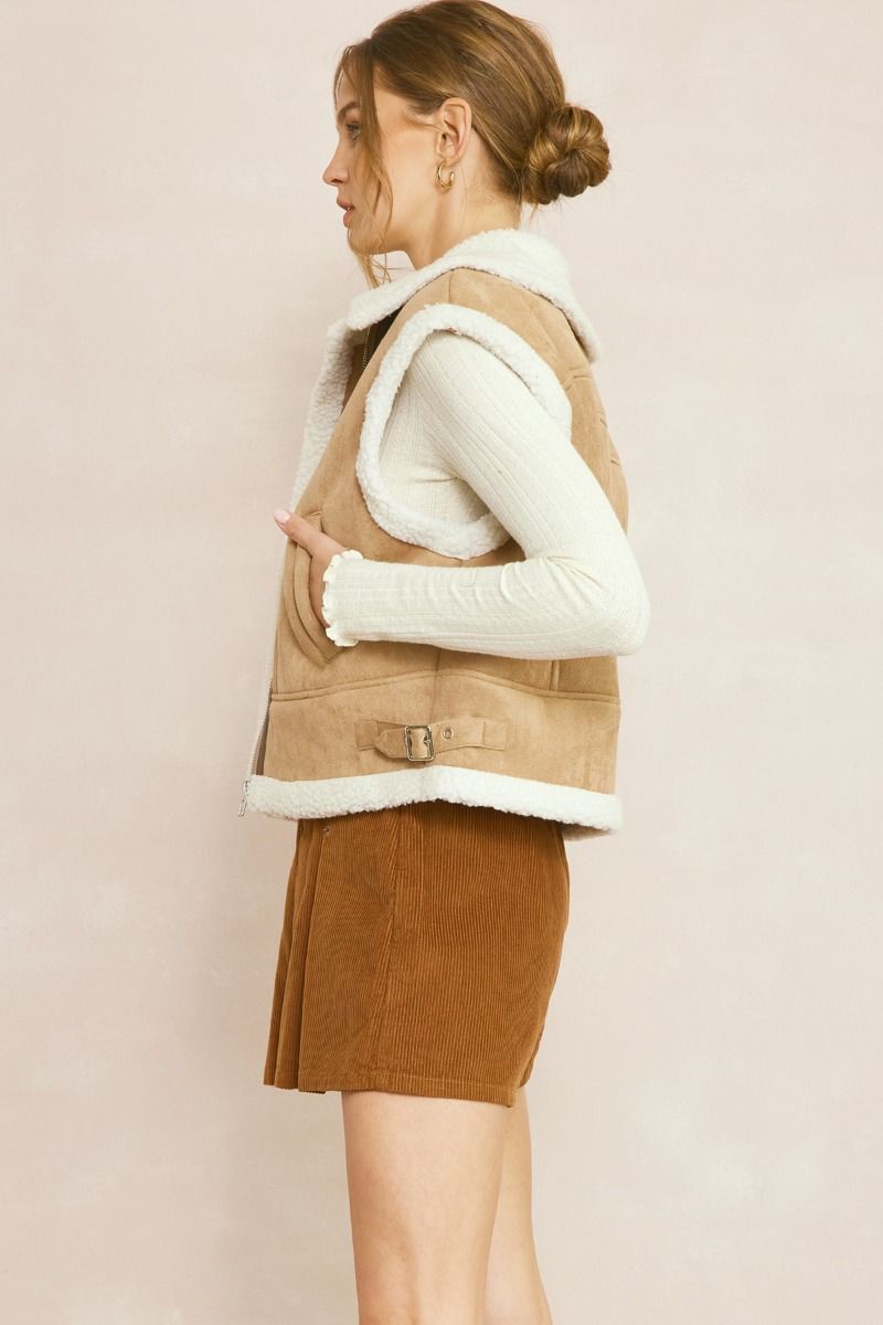 Faux Suede Shearling Zip Up Cropped Vest w/ Pockets & Adj. Straps