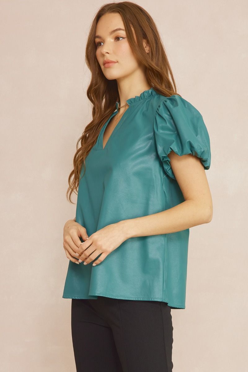 Faux Leather Short Sleeve V Neck Top w/ Ruffle Detail