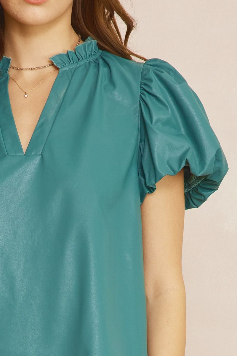 Faux Leather Short Sleeve V Neck Top w/ Ruffle Detail