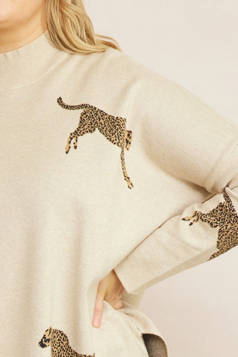 Cheetah Print Mock Neck Long Sleeve Sweater w/ Drop Shoulder