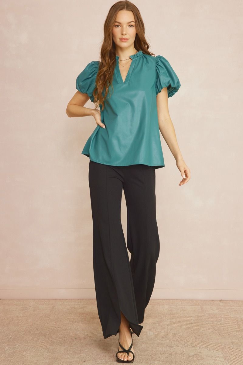 Faux Leather Short Sleeve V Neck Top w/ Ruffle Detail