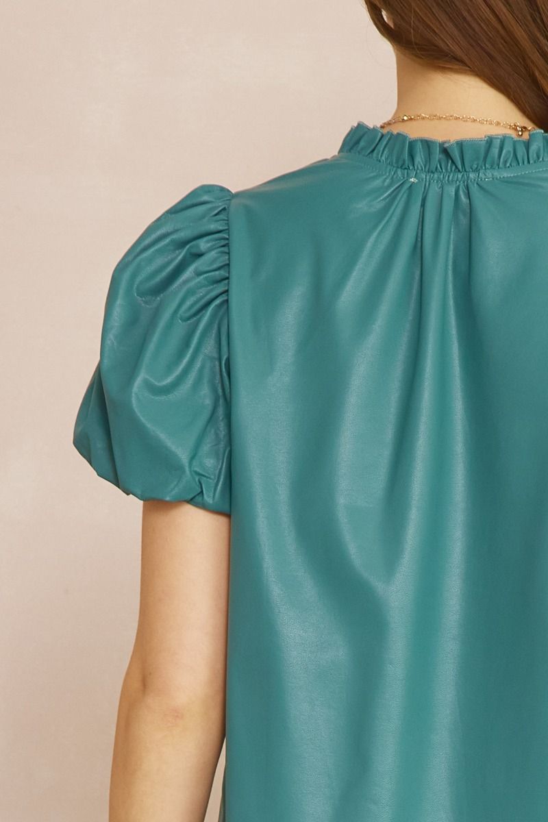Faux Leather Short Sleeve V Neck Top w/ Ruffle Detail