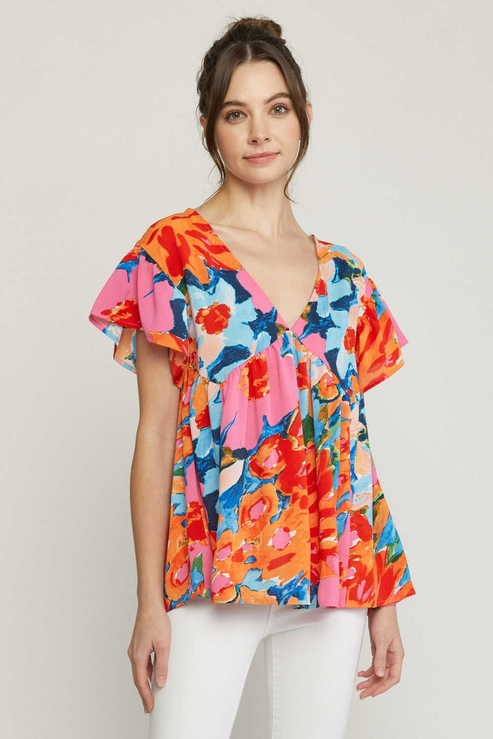 Printed v-neck short sleeve babydoll top