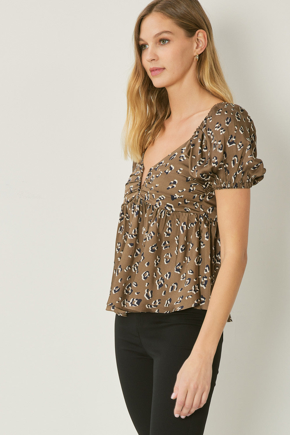 Satin Chetah Print Sweetheart Neckline Peplum Top
