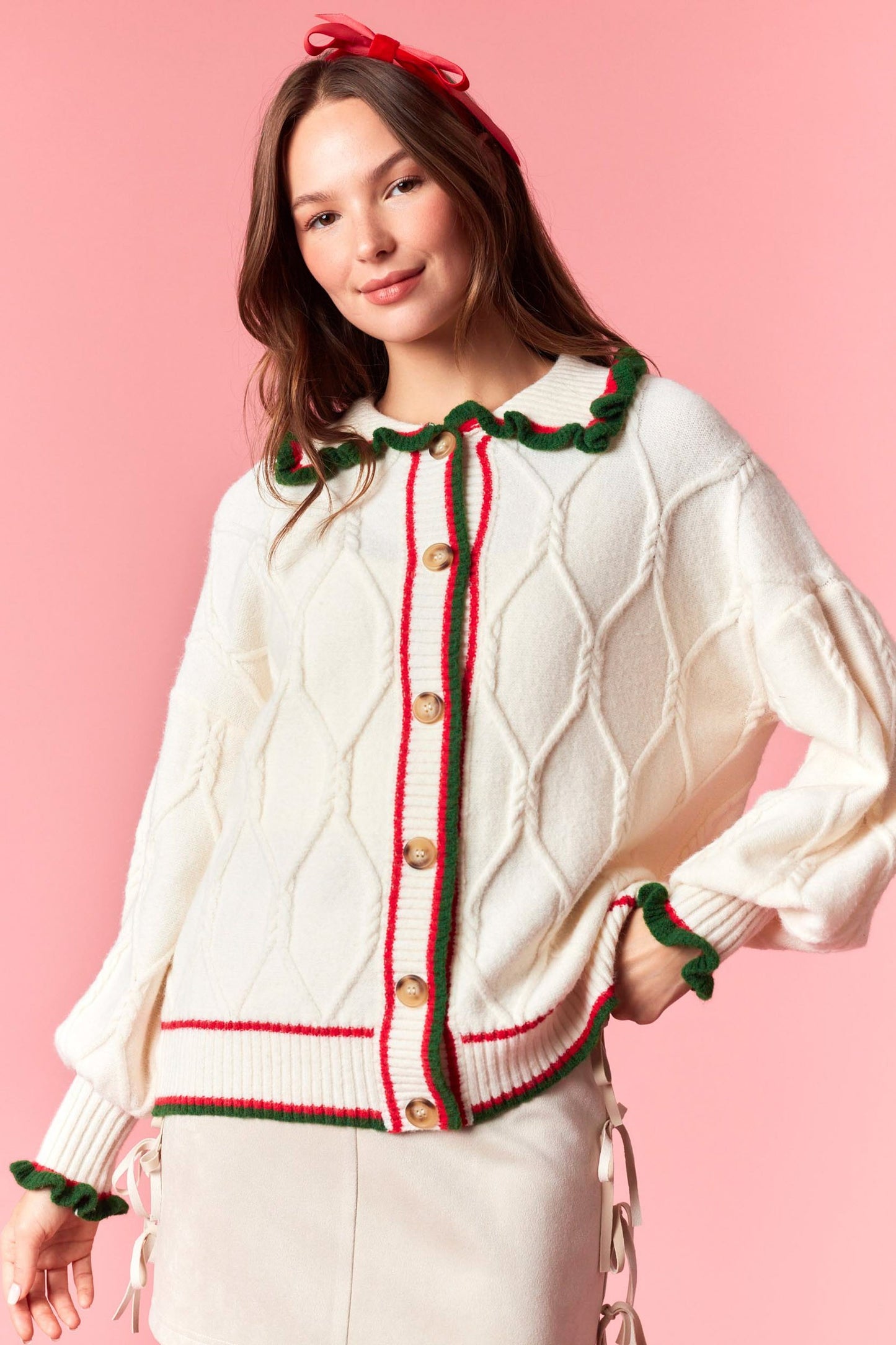 Ruffle Detail Collar Cable Knit Cardigan