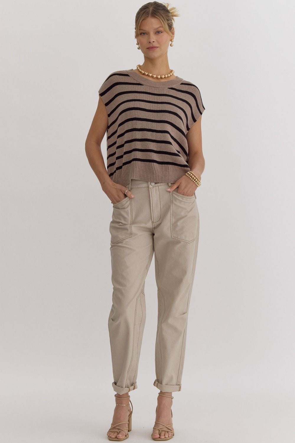 Stripe print round neck short sleeve knit top w/ slit at sides