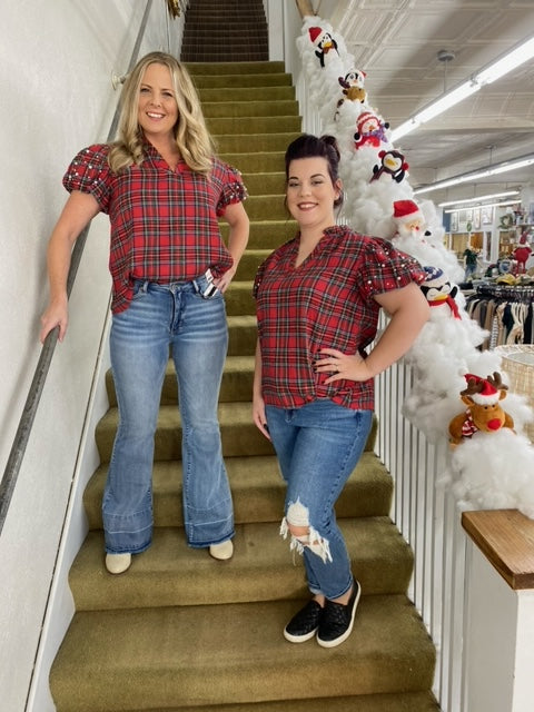 Red Plaid Flannel Top w/ Puff Sleeves + Pearl Detail