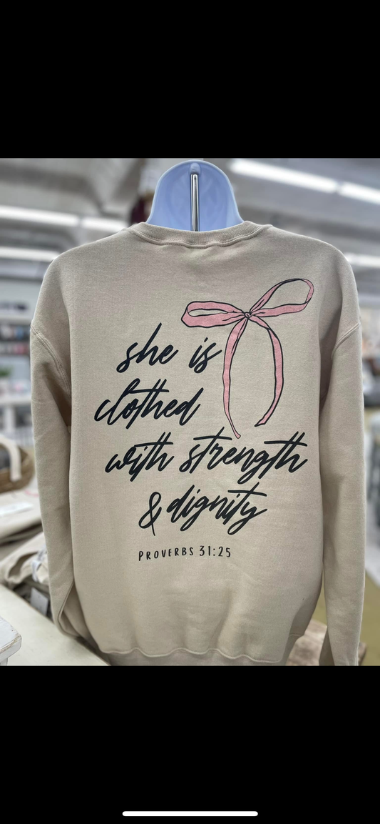 She is clothed bow sweatshirt