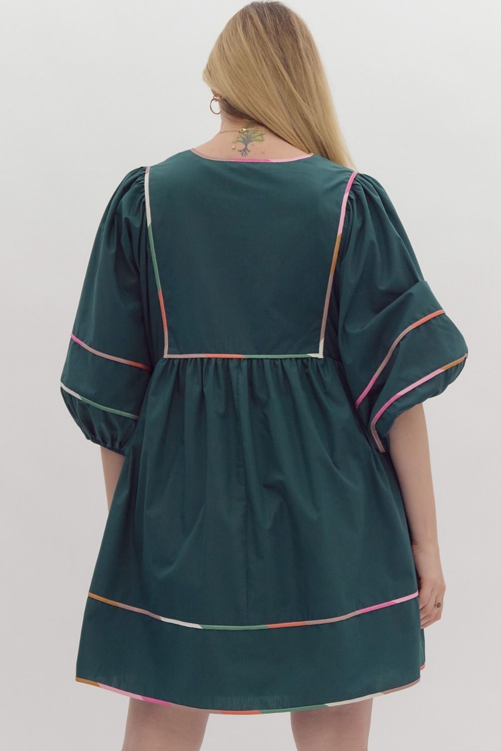 Solid Half Sleeve V Neck Mini Dress w/ Side Pockets & ColorBlock Trim