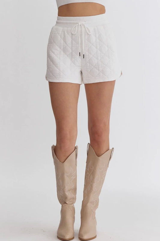 Off White Textured High Waisted Shorts w/ Elastic Waistband- Self Tie Pockets