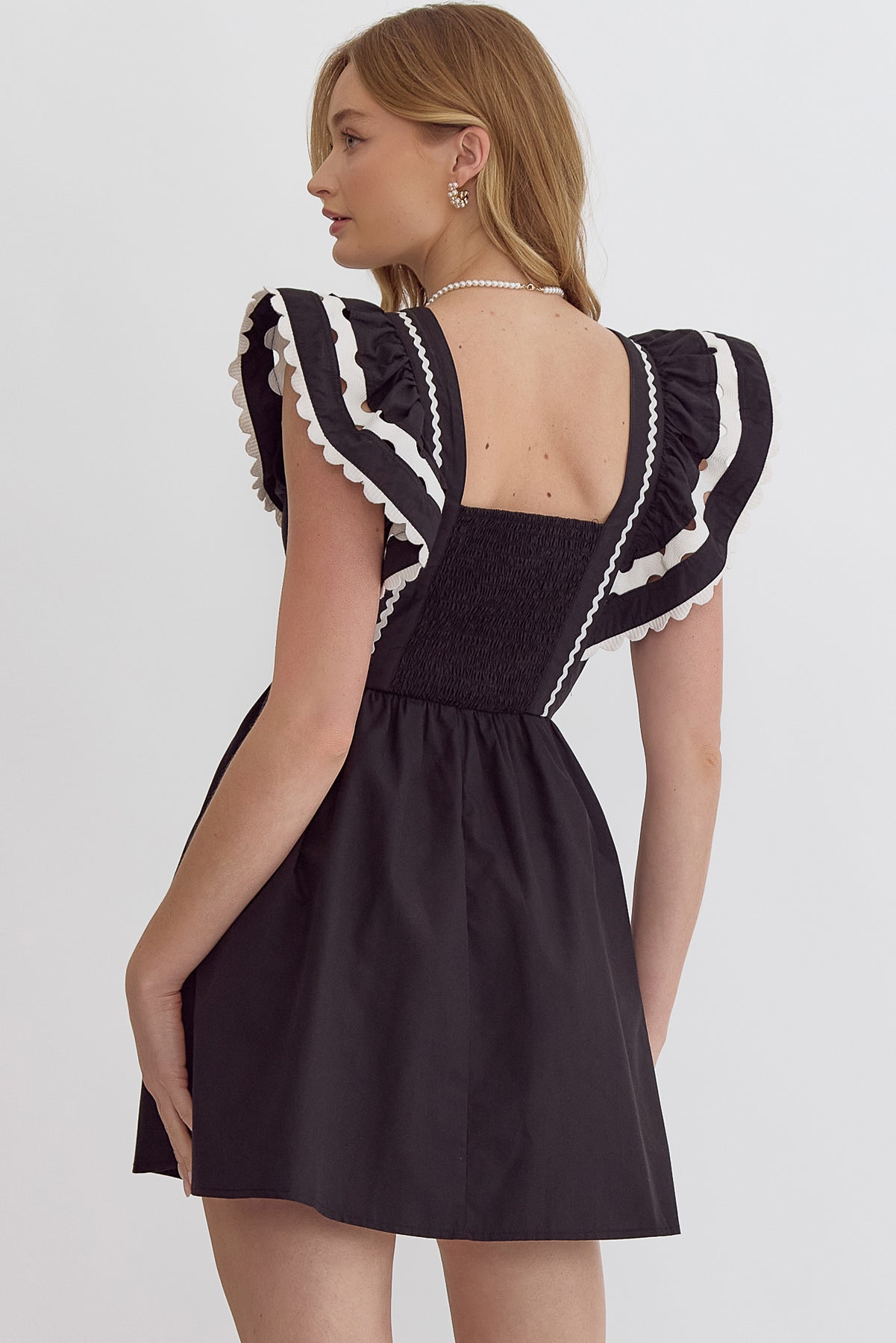 V-neck mini dress black with white trim